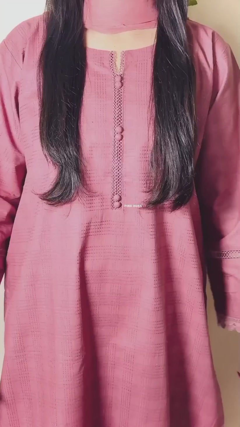 3 Piece- Self Cotton Stitched Dress - 058