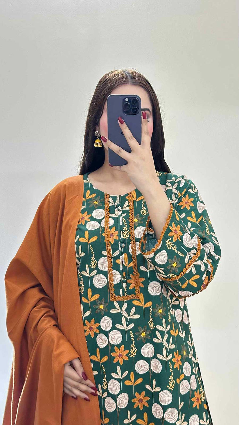 3 Piece - Khaddar Printed Brown Dress -061