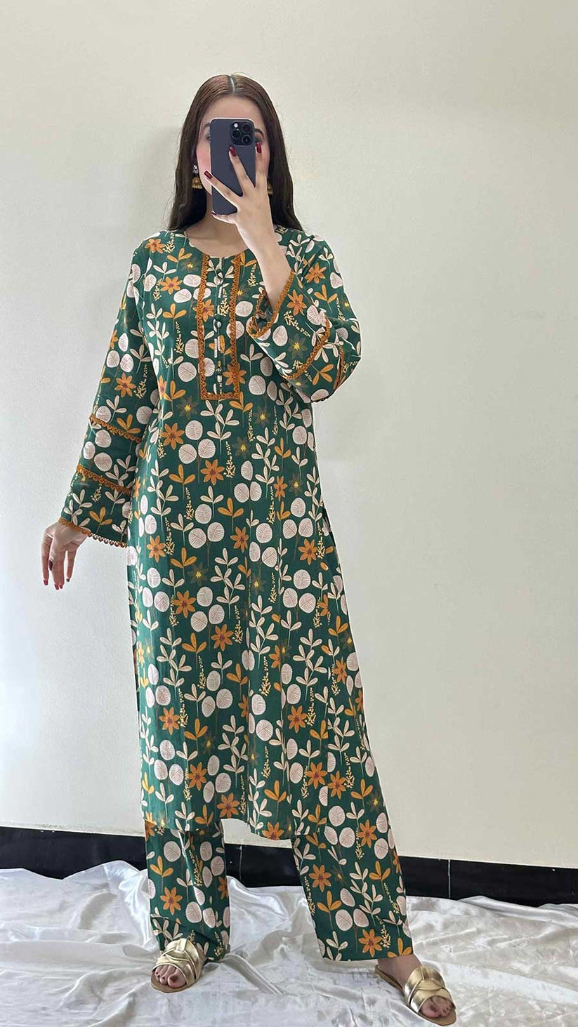 3 Piece - Khaddar Printed Brown Dress -061