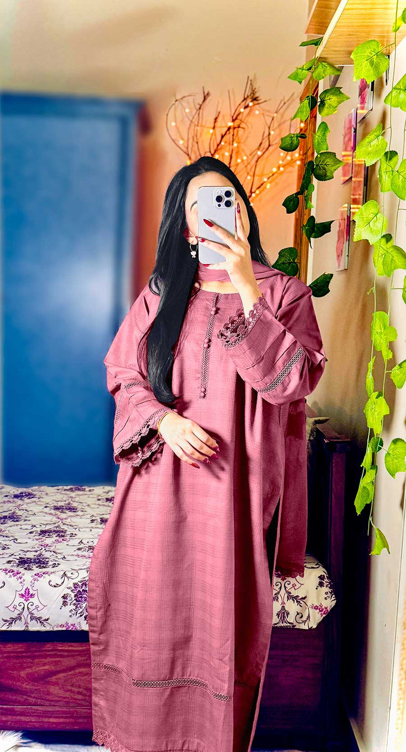 3 Piece- Self Cotton Stitched Dress - 058
