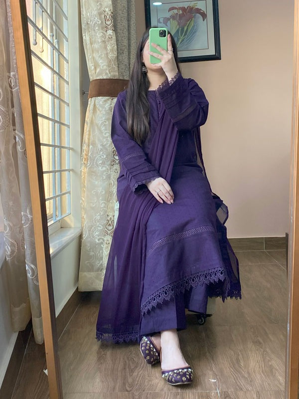 3 Piece - Dobby Khaddar Dark Purple Dress - 044