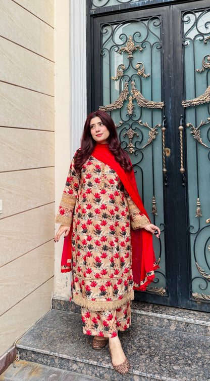 3 Piece -Premium Viscose Stitched Dress- 056