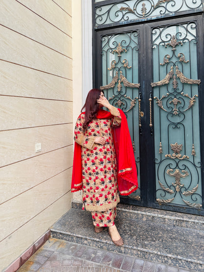 3 Piece -Premium Viscose Stitched Dress- 056