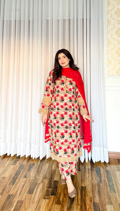 3 Piece -Premium Viscose Stitched Dress- 056