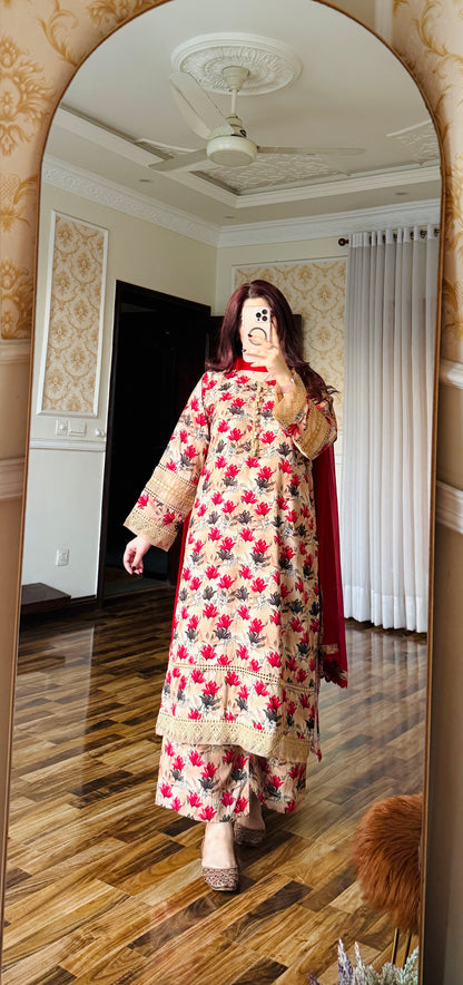 3 Piece -Premium Viscose Stitched Dress- 056