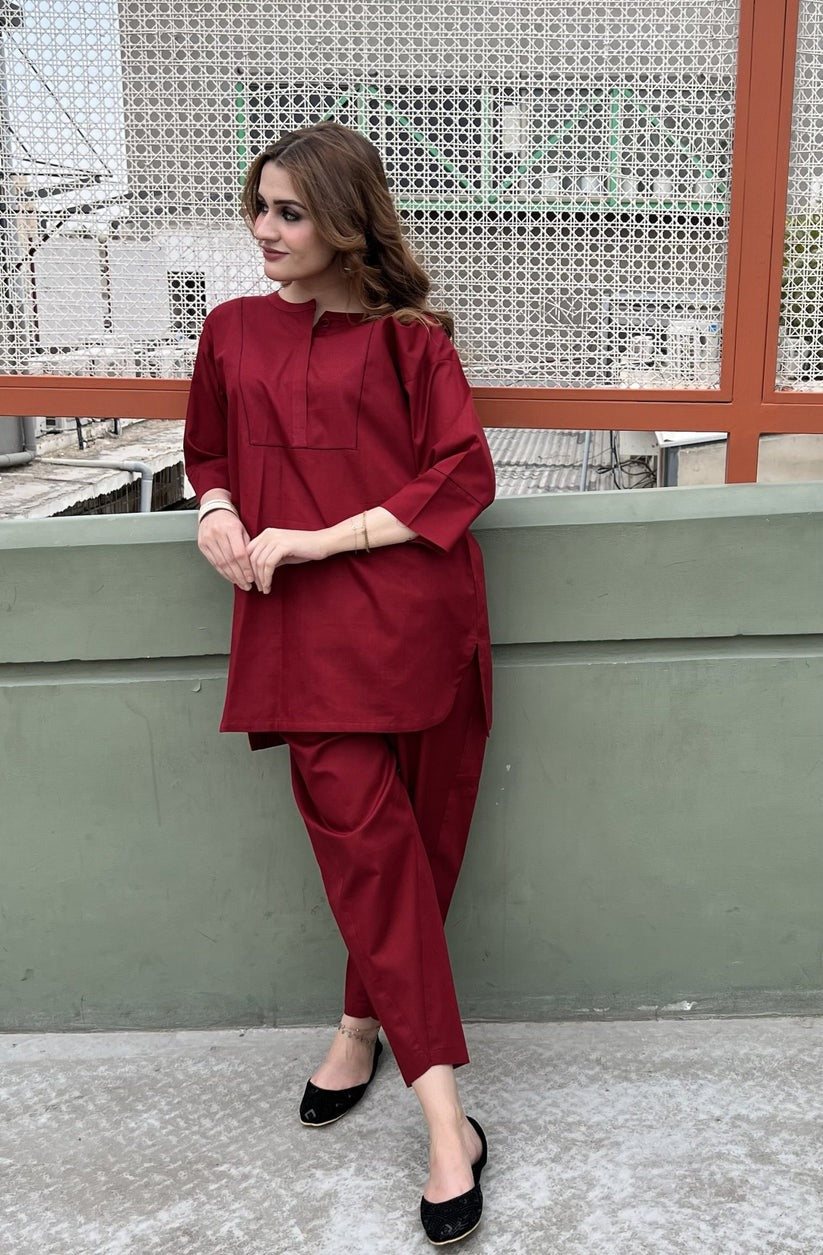 2 Pieces Stitched Maroon Co-Ord Set