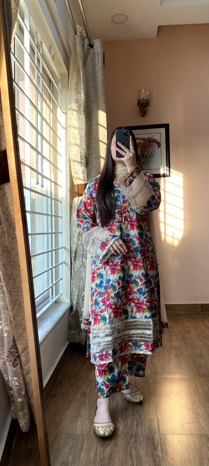 3 Piece- Pure Lawn Prinred Stitched Dress - 074