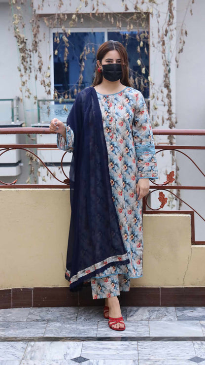 3 Piece -Bana Dora Lawn Stitched Dress - 080