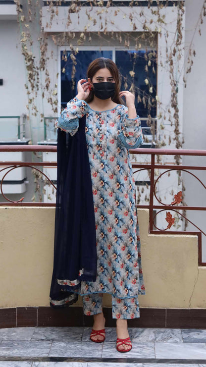 3 Piece -Bana Dora Lawn Stitched Dress - 080