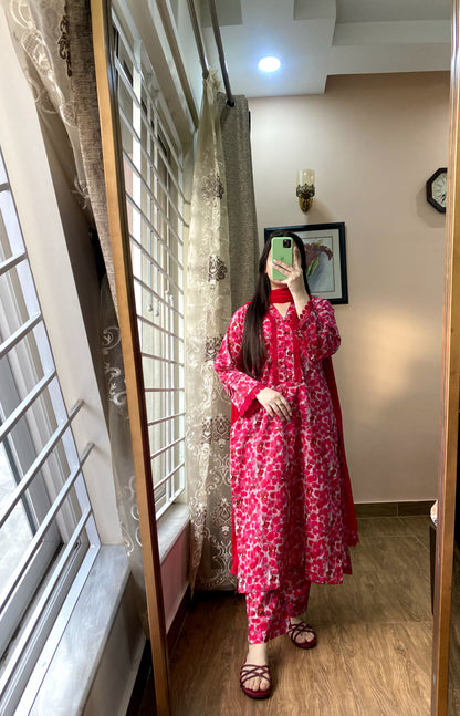 3 Piece - Cotton Lawn Red Floral Stitched Dress - 071