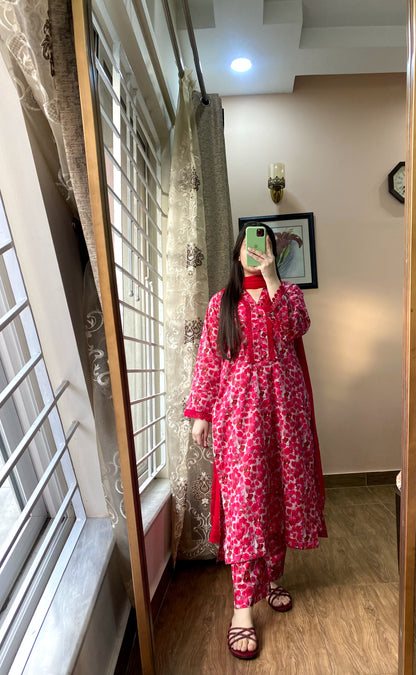 3 Piece - Cotton Lawn Red Floral Stitched Dress - 071