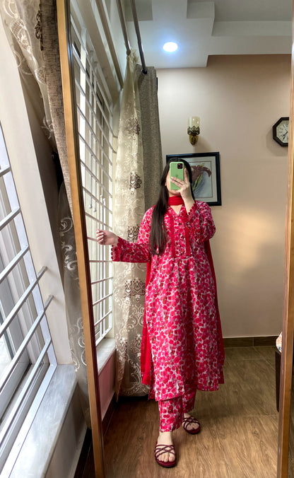 3 Piece - Cotton Lawn Red Floral Stitched Dress - 071