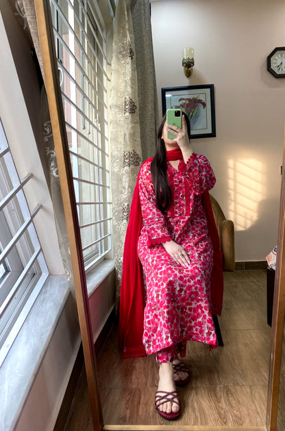 3 Piece - Cotton Lawn Red Floral Stitched Dress - 071