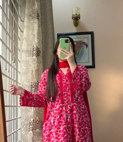 3 Piece - Cotton Lawn Red Floral Stitched Dress - 071