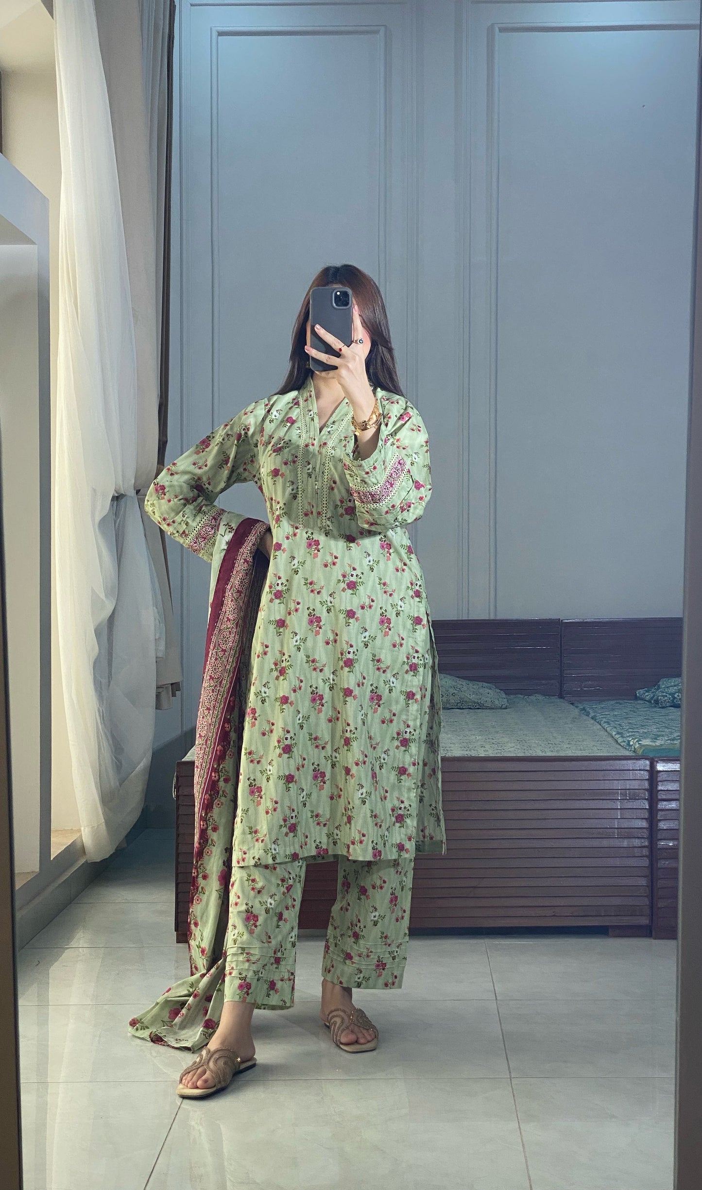 3 Piece -Pure  Lawn Stitched Dress - 096