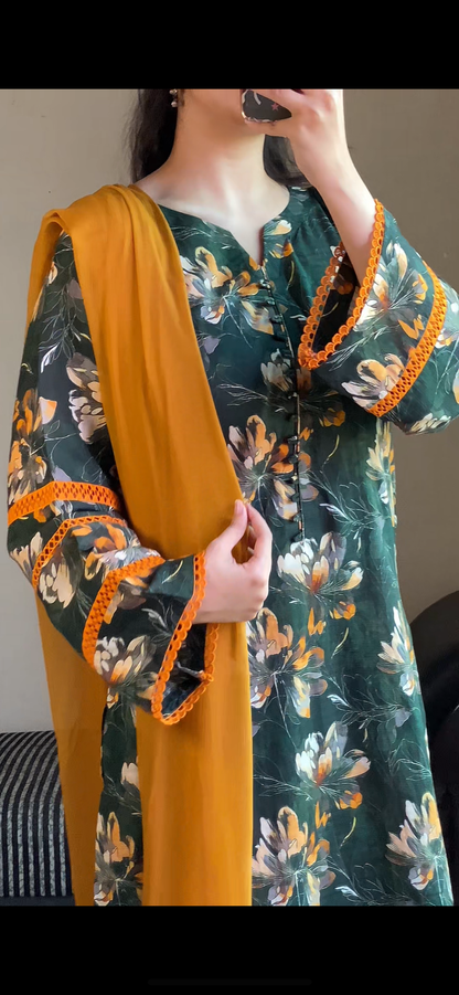 3 Piece - Lawn Bana Dora Stitched Dress-123