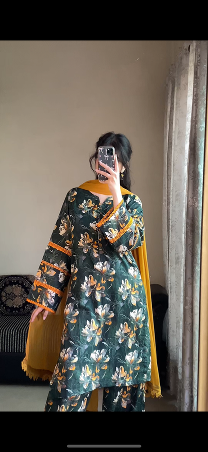 3 Piece - Lawn Bana Dora Stitched Dress-123