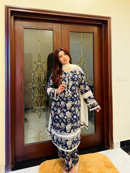 3-Piece Cambric Dobby Cotton Stitched Dress -059