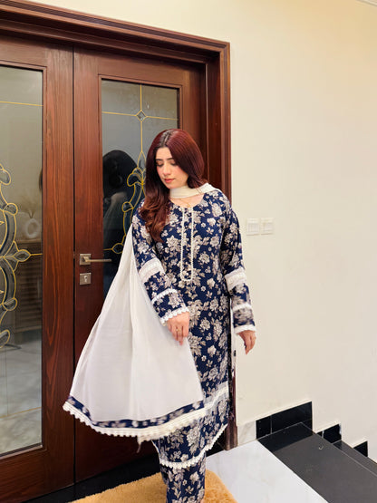 3-Piece Cambric Dobby Cotton Stitched Dress -059