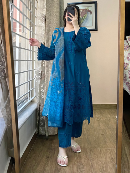 3Pc Luxury Embroidered Lawn Stitched Dress- 113