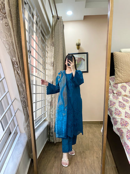 3Pc Luxury Embroidered Lawn Stitched Dress- 113