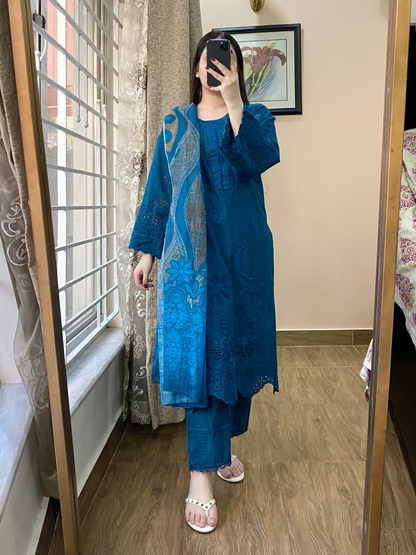 3Pc Luxury Embroidered Lawn Stitched Dress- 113