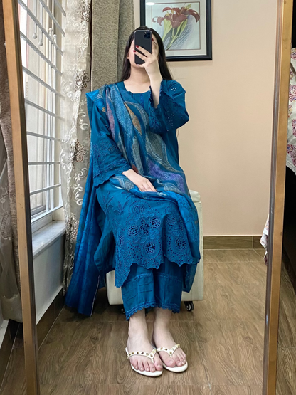 3Pc Luxury Embroidered Lawn Stitched Dress- 113
