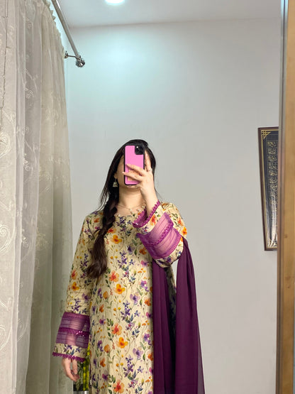 3 Piece Premium Lawn Stitched Dress - 122