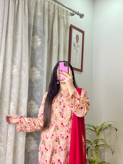 3 Piece -Pure Lawn Stitched Dress - 124