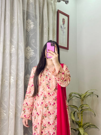 3 Piece -Pure Lawn Stitched Dress - 124