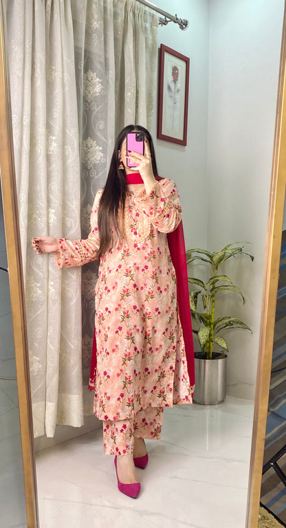 3 Piece -Pure Lawn Stitched Dress - 124