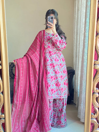 3 Piece-Pure Lawn Stitched Dress- 91