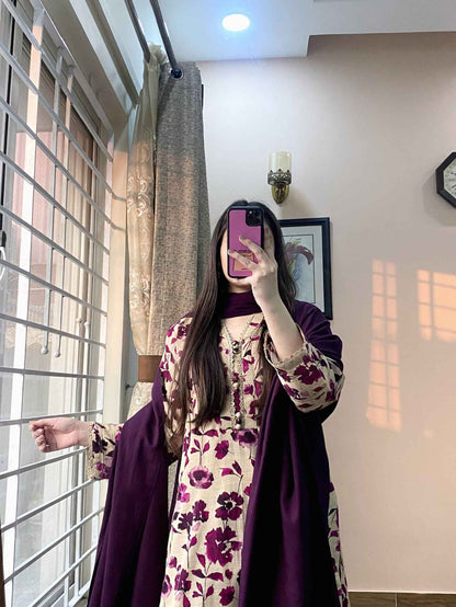 3 Piece - Cotton Lawn Printed Purple floral Dress -051