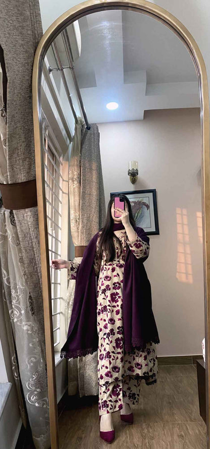 3 Piece - Cotton Lawn Printed Purple floral Dress -051