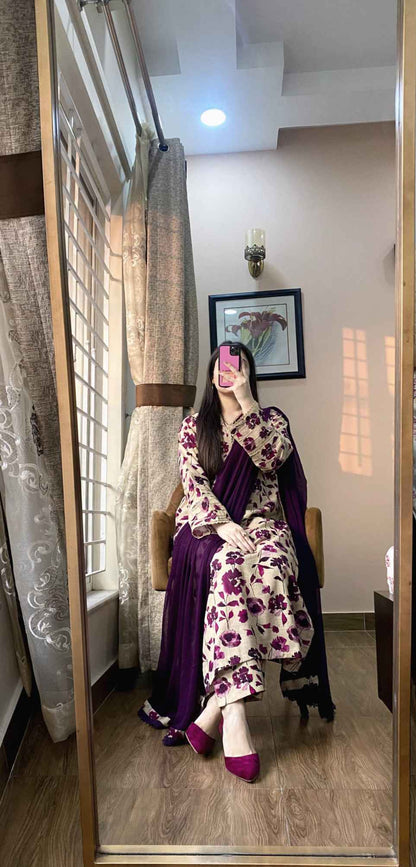 3 Piece - Cotton Lawn Printed Purple floral Dress -051
