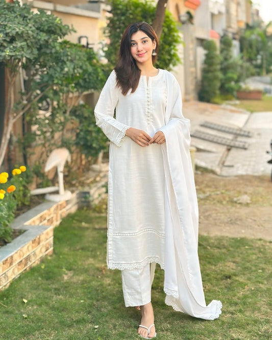 3 Piece White Slub Khaddar Stitched- 048