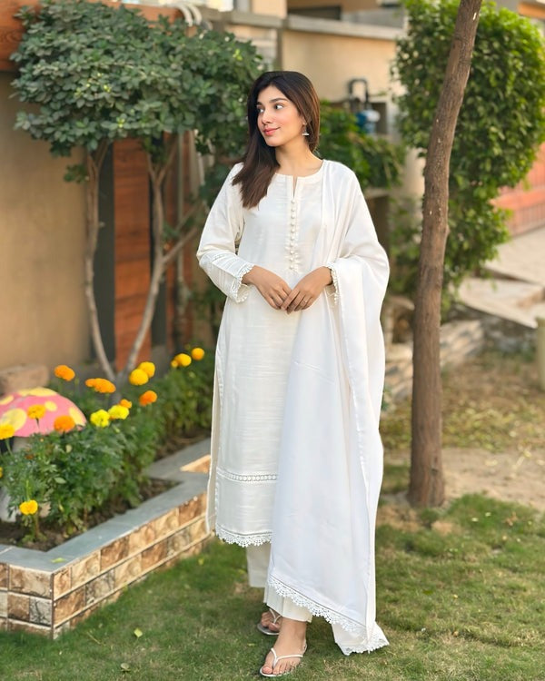 3 Piece White Slub Khaddar Stitched- 048